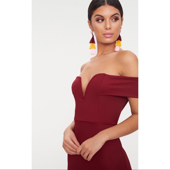 burgundy bardot maxi dress